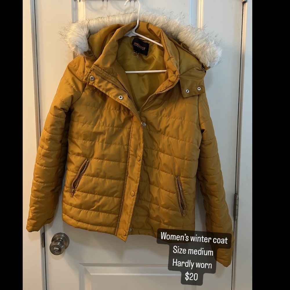Mustard yellow winter jacket.